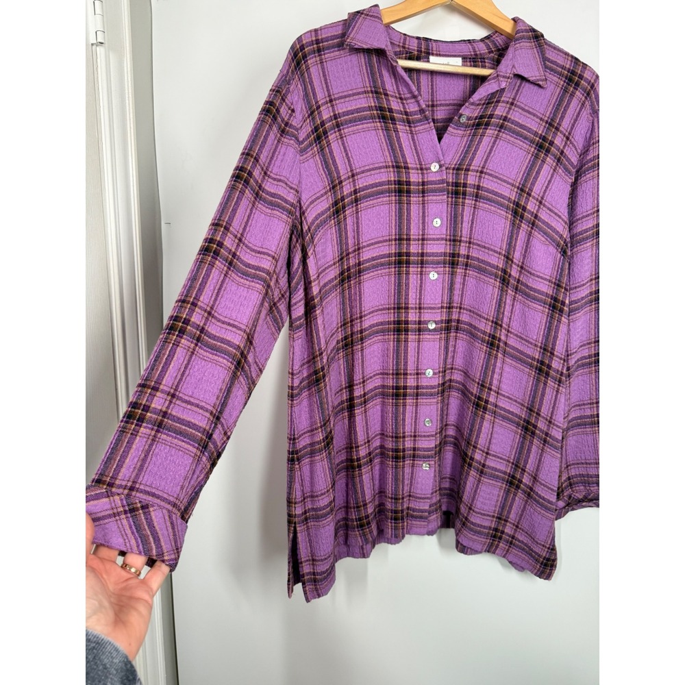 J Jill Purple Plaid Long Sleeve Collared Button Down Tunic Shirt Sz L Top Blouse - Picture 3 of 9